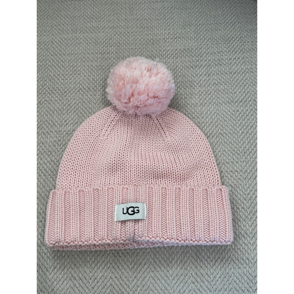 UGG Australia Pink Knit Pom Pom Beanie Hat Ribbed Cuff Logo Patch Women OS